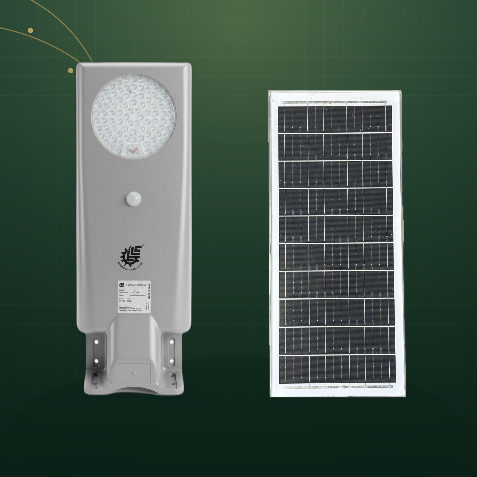 EEE Solar Sensor Light 3in1 and its separate solar panel on the official Emerald Circuit campaign backdrop